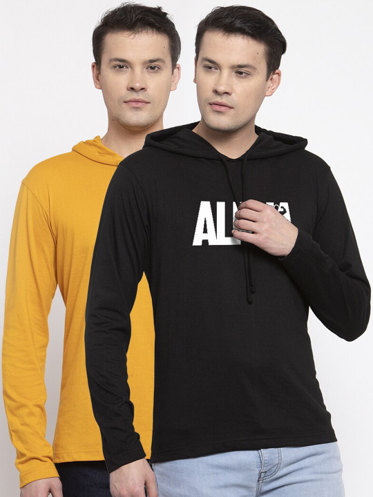 Friskers Men Pack Of 2 Yellow & Black Typography Printed T-shirt