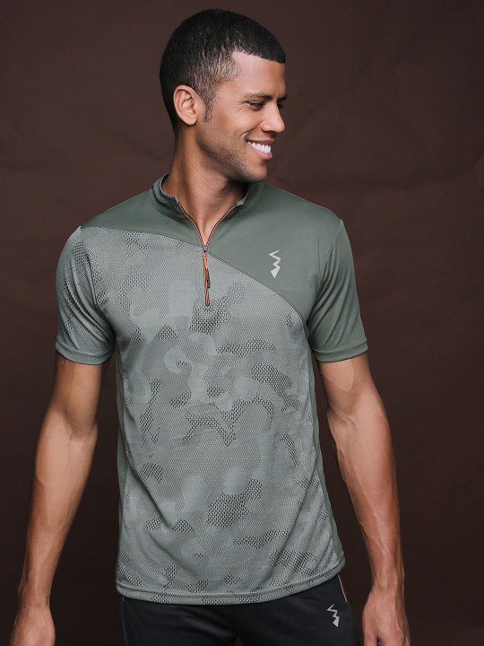 Campus Sutra Men Olive Green Printed V-Neck Dri-FIT Raw Edge Running T-shirt