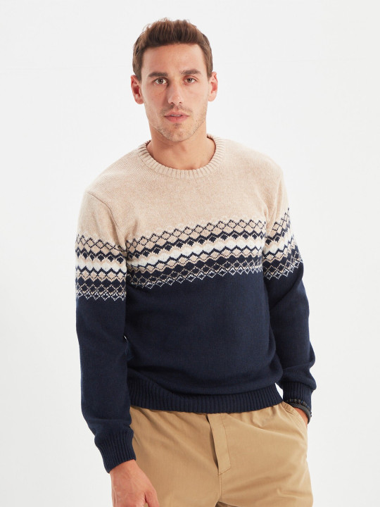 Trendyol Men Navy Blue & Beige Printed Pullover