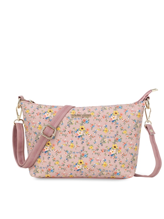 Pink & Yellow Floral Printed PU Structured Sling Bag