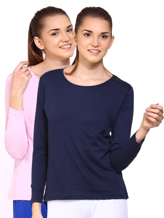 appulse Women Pack of 2 Pink & Navy Blue Solid Cotton Round Neck T-shirt