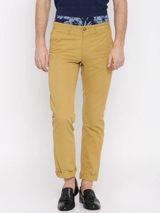 Men Mustard Yellow Solid Slim Fit Chino Trousers 28
