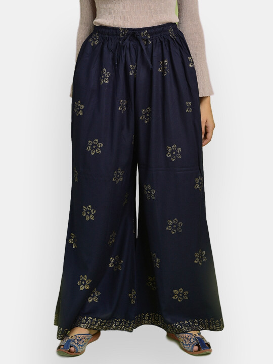 VEDANA Women Navy Blue & Gold-Toned Ethnic Motifs Printed Palazzos