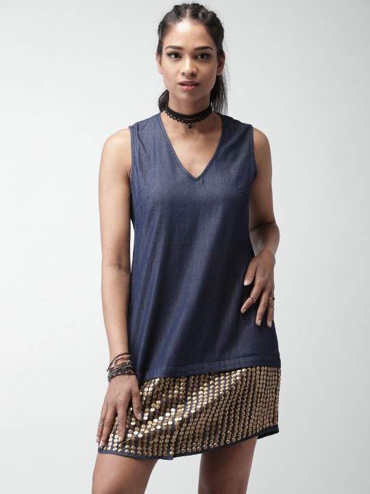Women Blue Solid Shift Dress L