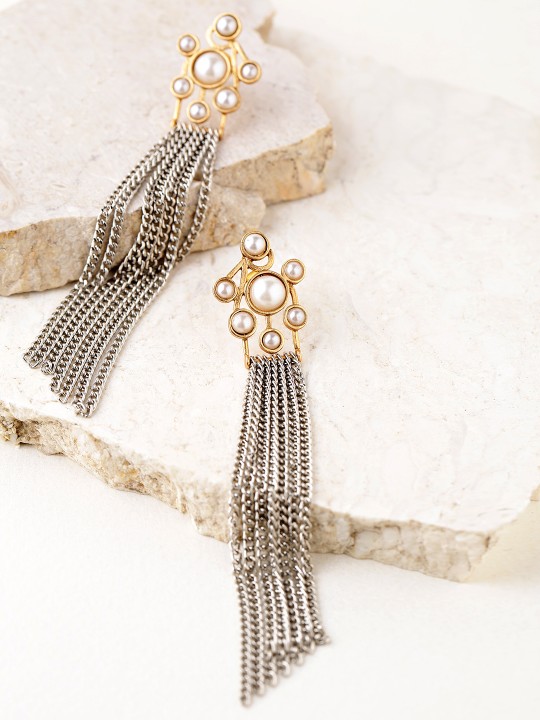 Steel-Toned Gold-Plated Moon Shines Handcrafted Drop Earrings