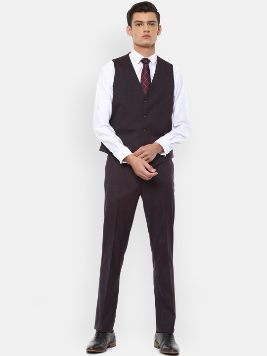 Van Heusen Men Maroon Self Design Slim-Fit Single-Breasted 3-Piece Formal Suit