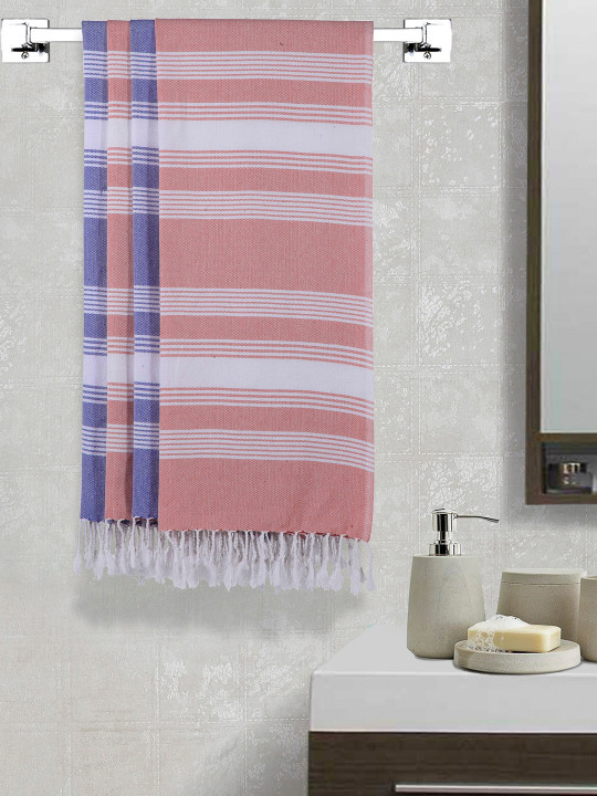Arrabi Handwoven Striped Cotton 210GSM Reversible 4PCs Adult Regular Bath Towel-59x30In