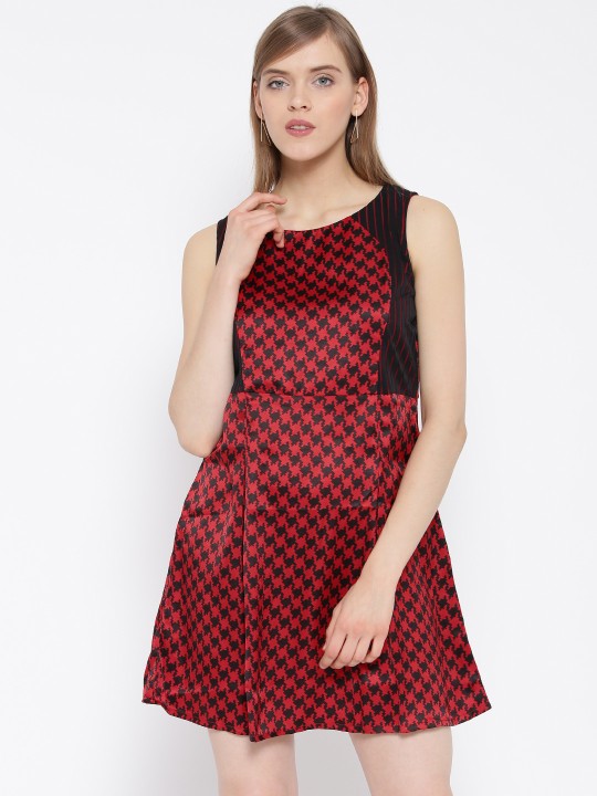Women Red Houndstooth Print Fit & Flare Dress XS