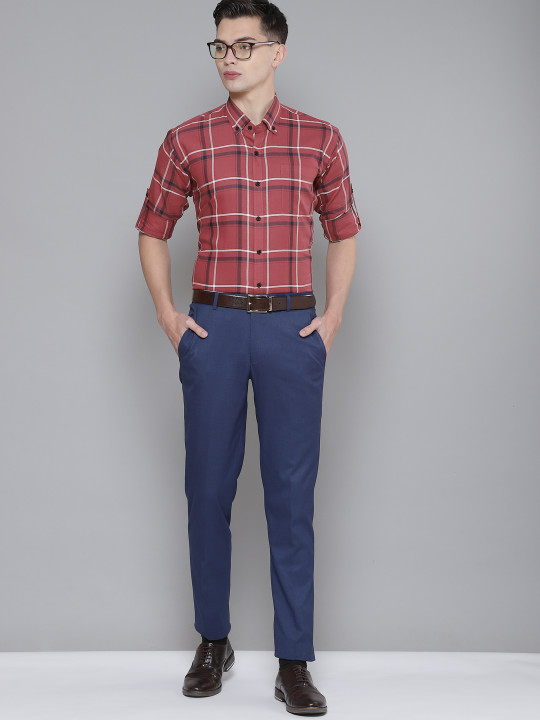DENNISON Men Red Smart Slim Fit Checked Formal Shirt