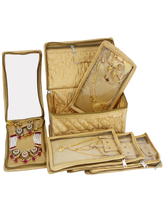 Gold-Toned Solid Jewellery Organiser With 5 Pocket Pouches