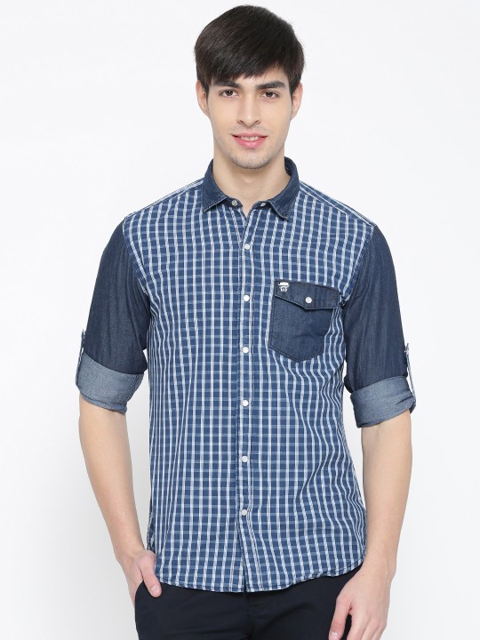 Men Blue Trim Fit Checked Casual Shirt 38