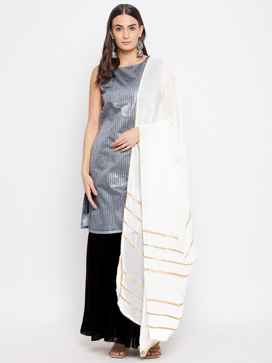 Bitterlime White & Gold-Toned Lace Dupatta With Gotta Patti