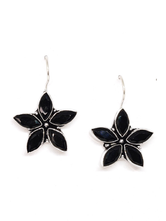 EL REGALO Silver-Toned & Black German Silver Star Shaped Drop Earrings