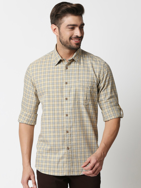 Basics Men Beige & Black Slim Fit Checked Cotton Casual Shirt
