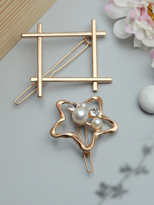 PRITA BY PRIYAASI Women Set of 2 Rose Gold & White Beaded Hair Pins