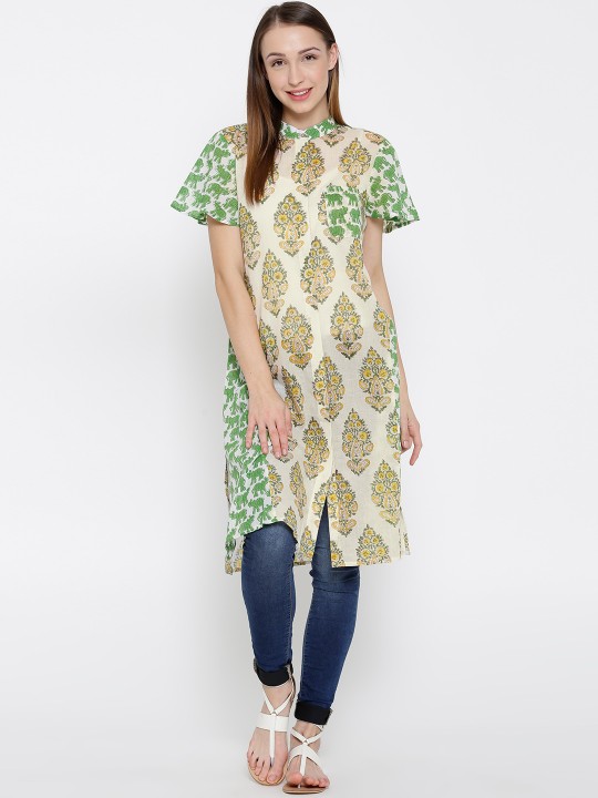 Women Off-White Handblock Print Straight Kurta XS