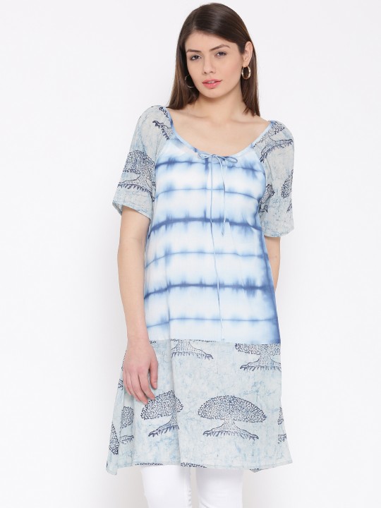Women Blue & Off-White Dyed A-Line Kurta XS
