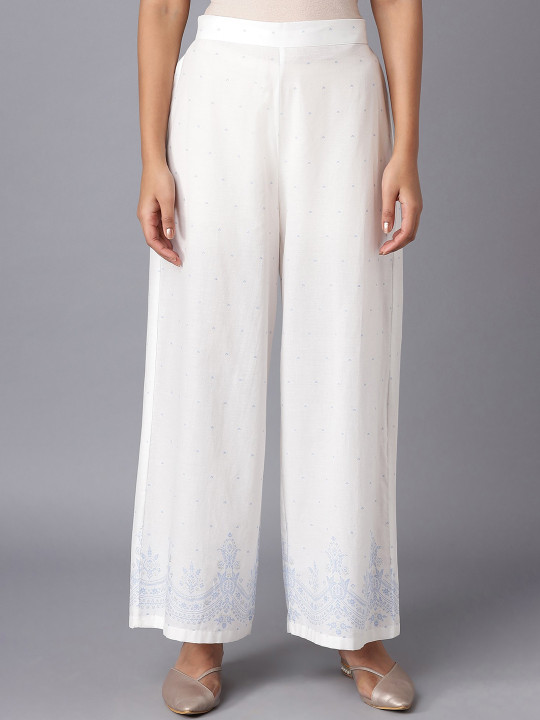W Women White Solid Wide Leg Palazzos