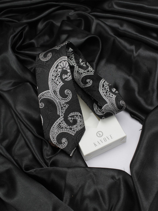 Kavove Men Black & White Paisley Printed Broad Tie