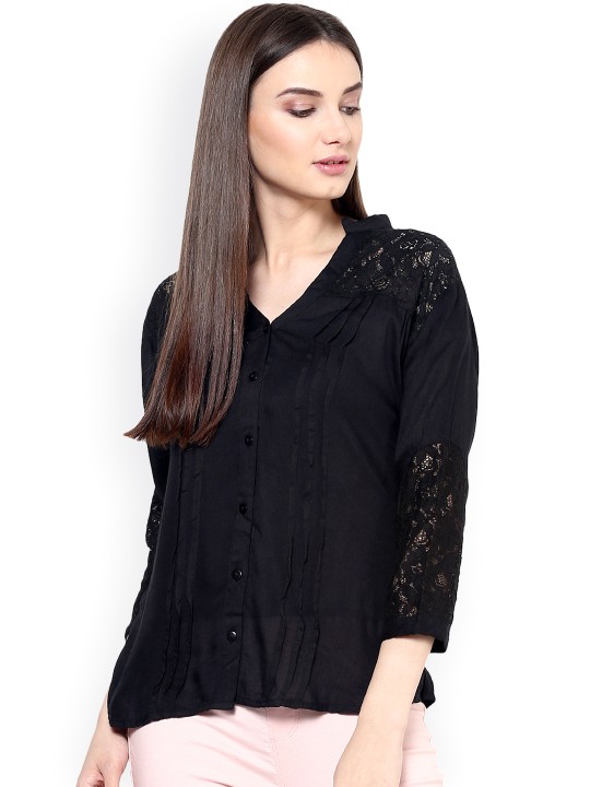 Women Black Shirt-Style Top with Lace Detail S