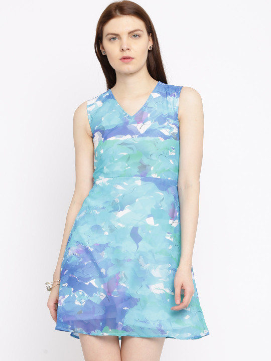 Women Blue Printed A-Line Dress S