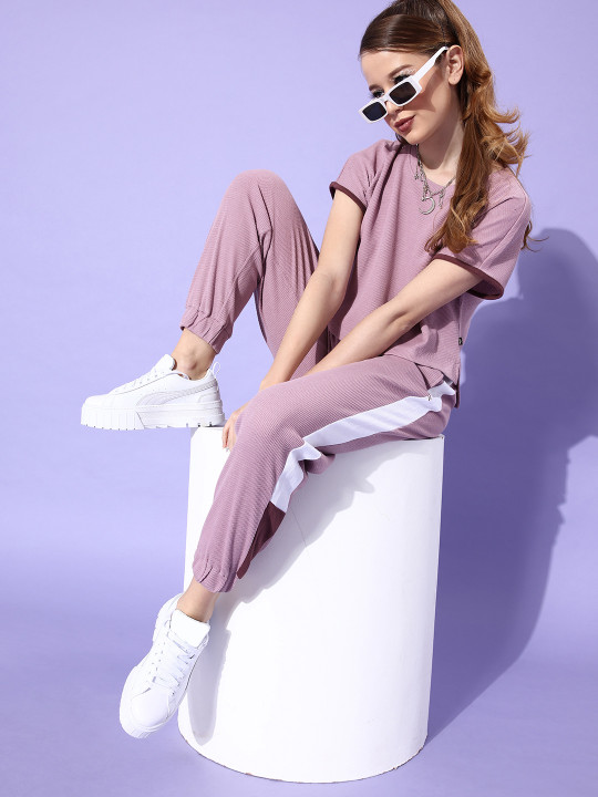 Roadster Women Elegant Rose Self-Design T-shirt with Trousers