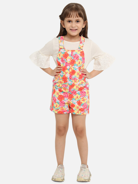 Nauti Nati Girls Cotton White & Multi Floral Printed Dungaree Set