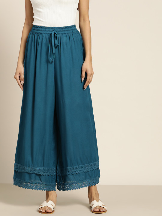 Sangria Women Teal Blue Solid Ethnic Palazzos with Lace Inserts
