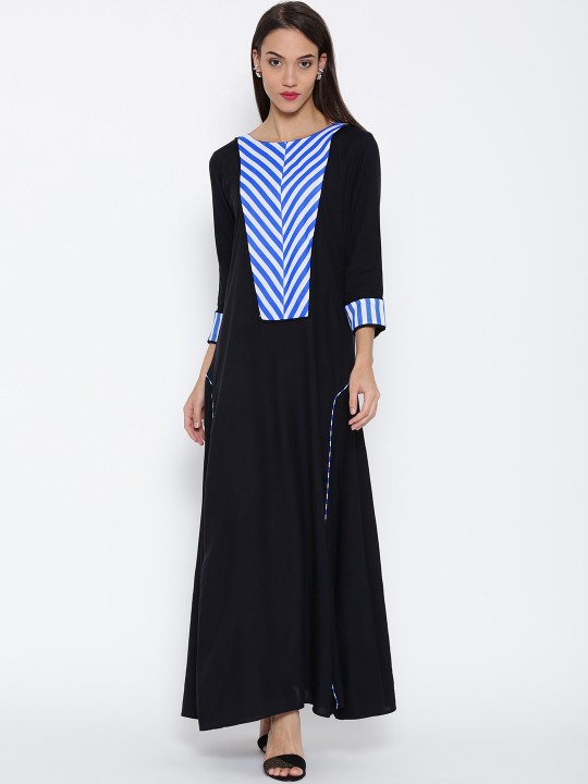 Women Black Striped Detail A-Line Kurta S
