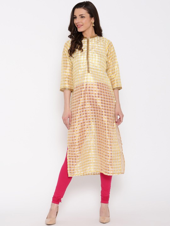 Women Off-White Self-Checked Straight Kurta S