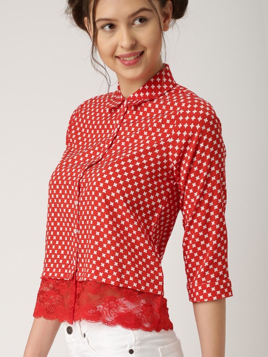 Women Red & White Regular Fit Printed Casual Shirt S