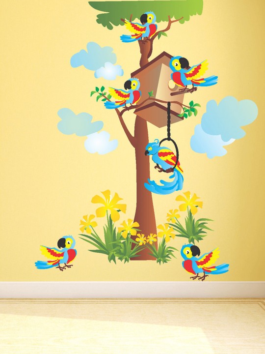 Multicoloured Parrots with Hut Wall Sticker
