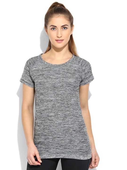 Women Grey Melange Solid Round Neck Training T-shirt S