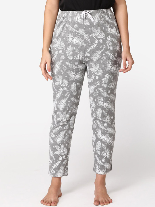 ABELINO Women Grey & White Printed Pure Cotton Lounge Pant