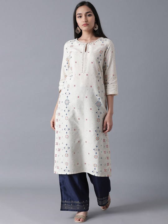W Women White Geometric Printed Thread Work Kurta