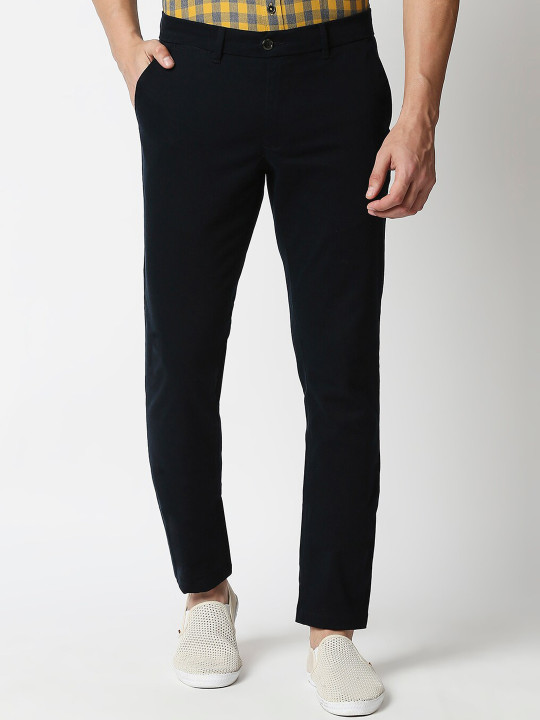 Basics Men Navy Blue Tapered Fit Trousers