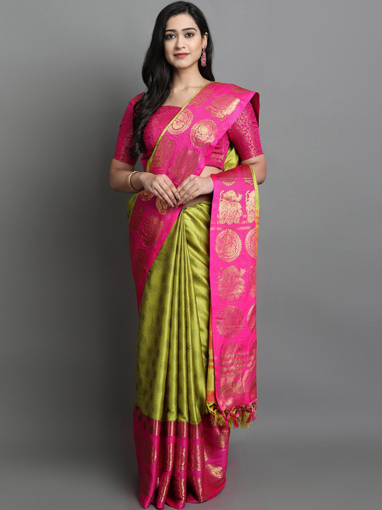 awesome Lime Green & Pink Ethnic Motifs Zari Silk Cotton Saree