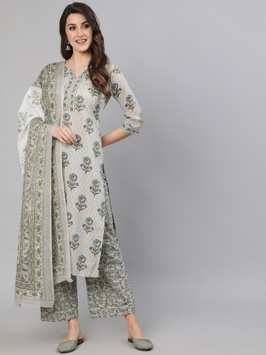 Nayo Women Grey Floral Printed Pure Cotton Kurta with Palazzos & With Dupatta