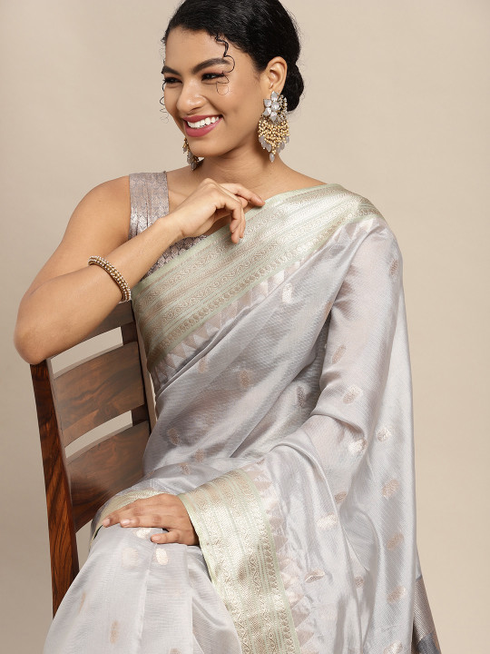 Mitera Grey & Gold-Toned Ethnic Motifs Woven Design Banarasi Saree