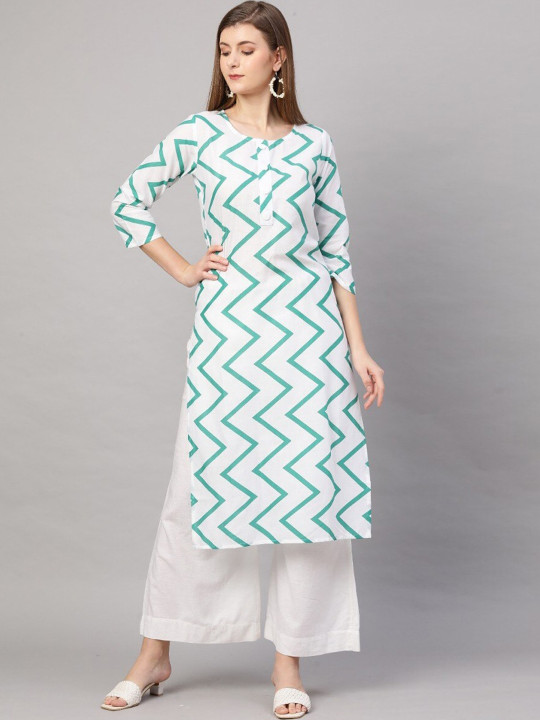 GoSriKi Women White & Green Chevron Printed Kurta