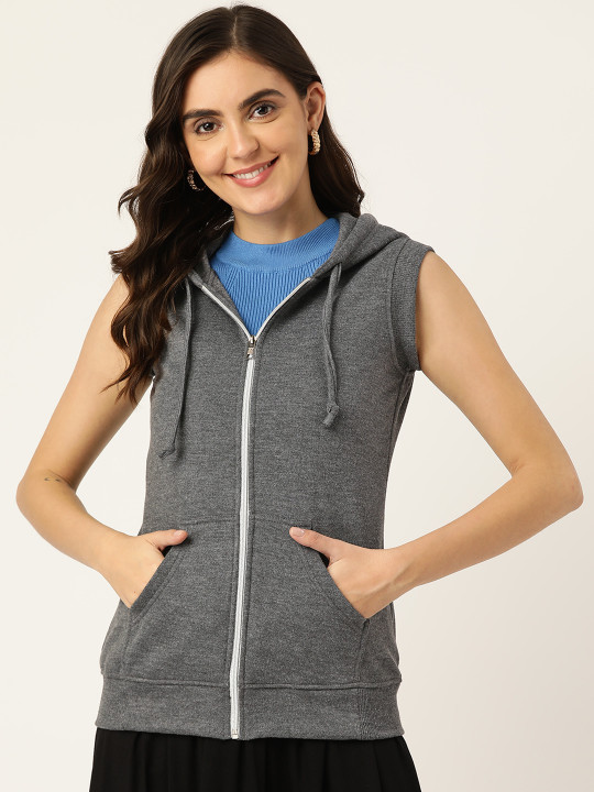 BRINNS Women Charcoal Grey Solid Hooded Sweatshirt