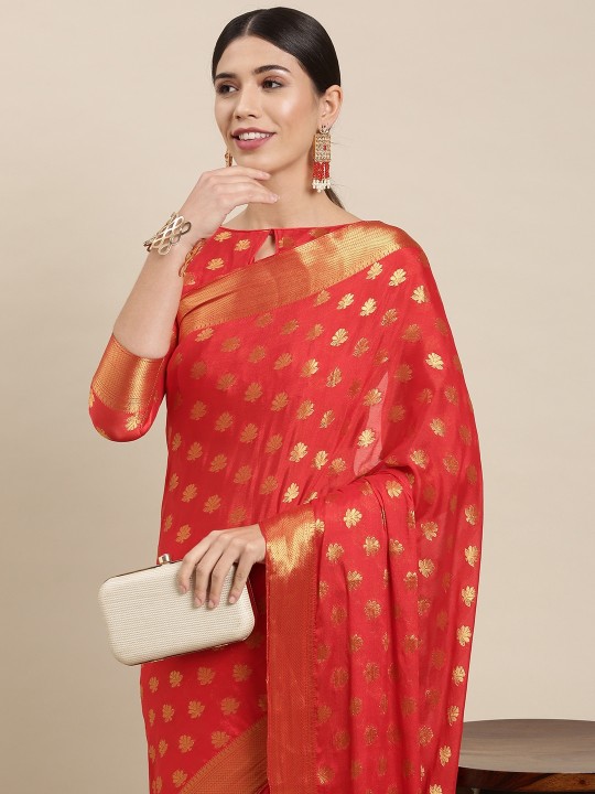 Mitera Red & Gold-Toned Ethnic Motifs Zari Silk Blend Saree