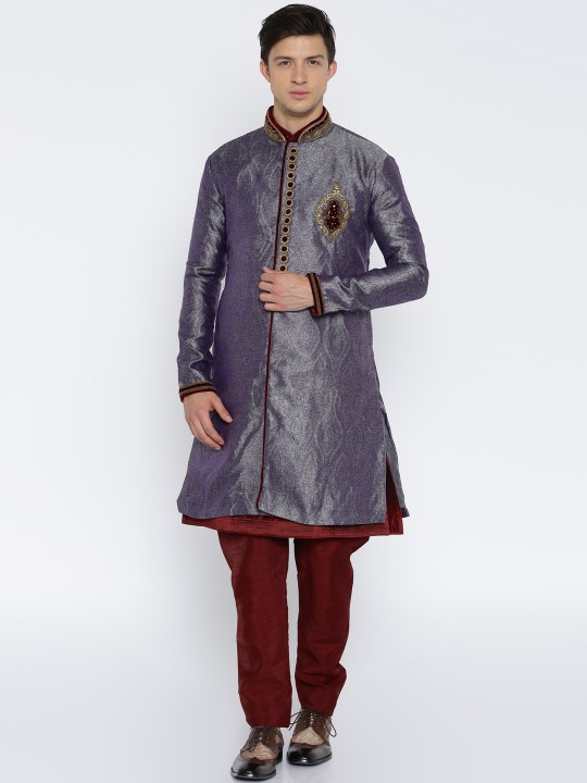 Purple & Maroon Embellished Art Silk Jacquard Kurta Pyjama with Jacket S