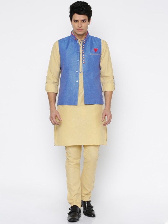 Cream-Coloured & Blue Kurta Pyjama Set S