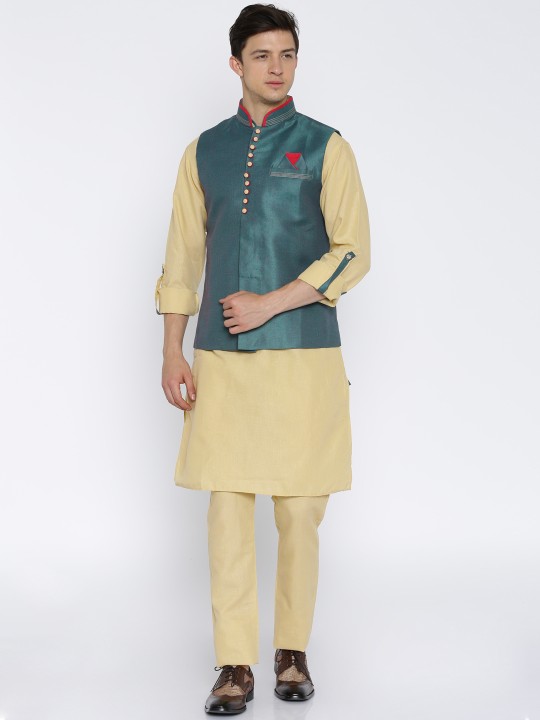 Cream-Coloured & Blue Kurta Pyjama Set S