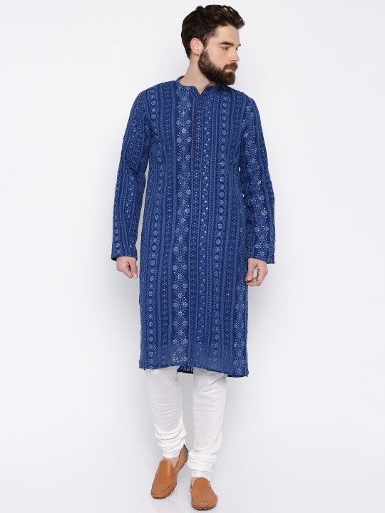 Blue & White Sequinned Embroidered Kurta Churidar M