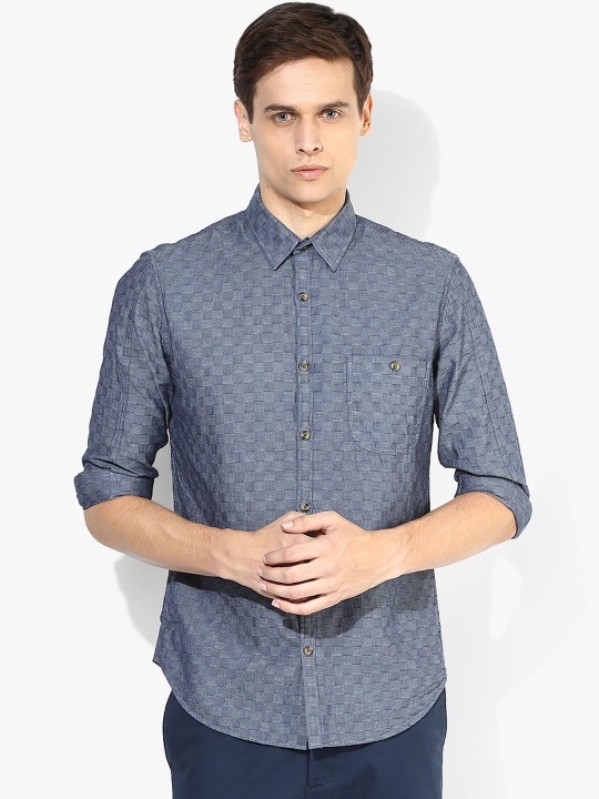 Men Blue Slim Fit Self-Checked Casual Shirt 38