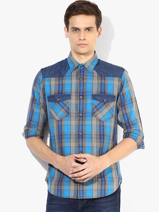 Men Blue Slim Fit Checked Casual Shirt 38