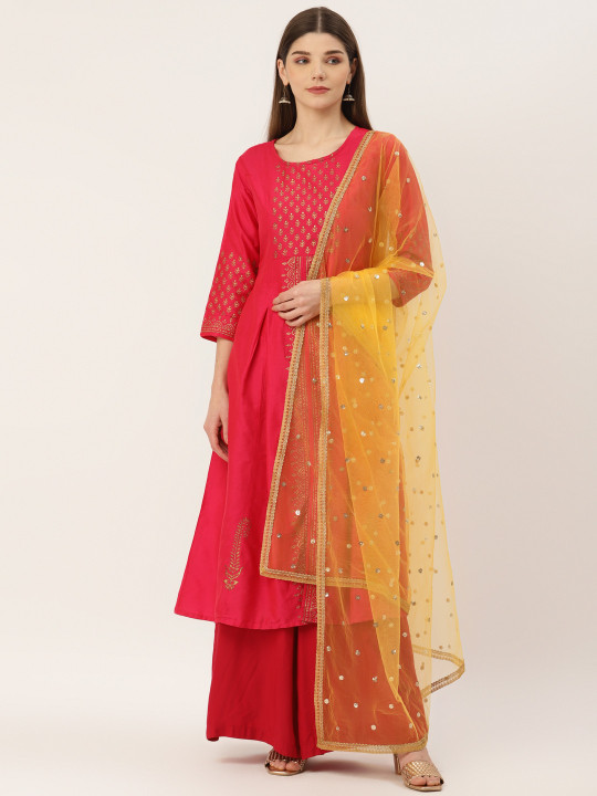 Studio Shringaar Women Yellow Floral Embellished Net Dupatta with Sequinned Detail