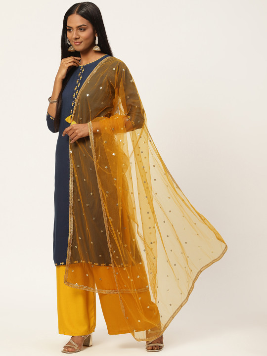 Studio Shringaar Mustard Yellow Embroidered Dupatta